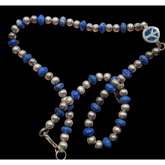 Vintage Hippie Peace Sign Lapis And Silver Tone Beaded Necklace - Picture 5 of 6